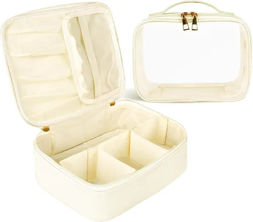 Vista 9 de Bolsa de maquillaje, 2 bolsas de cosméticos de piel sintética, estuche de maquillaje portátil de viaje, organizador de maquillaje grande con bolsa