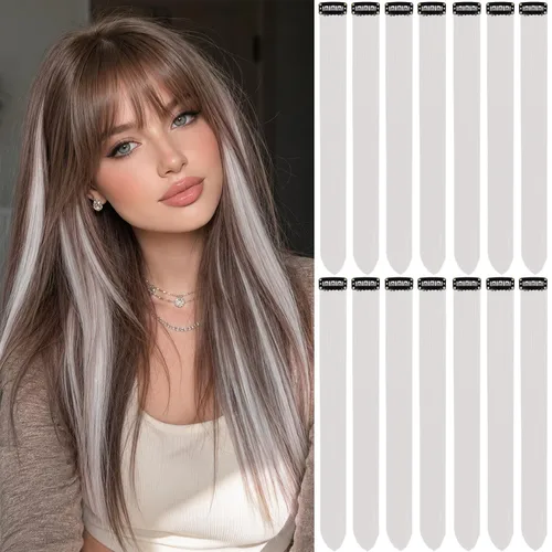 Vista 28 de 20 extensiones de cabello de colores, coloridas extensiones de cabello sintético con clip, extensiones de cabello sintético largo y lacio