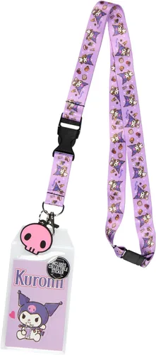 Vista 5 de Sanrio Kuromi Soporte para tarjetas de identificación con cordón con colgante de goma y calcomanía coleccionable