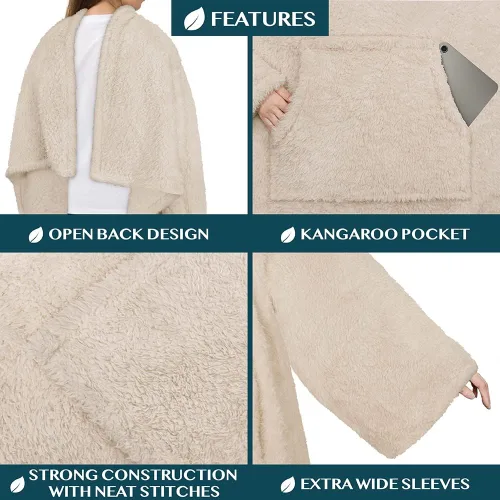 Vista 3 de PAVILIA Manta Esponjosa con Mangas para Adultos, Manta Vestible de Felpa Suave y Difusa, Forro Polar Sherpa con Mangas y Bolsillo, Regalos Cálidos