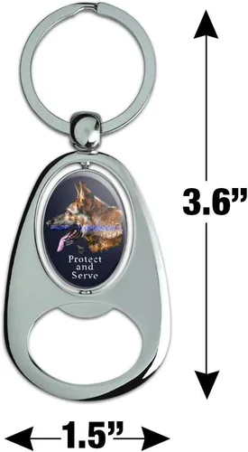 Vista 4 de Proteger y servir K9 Police Thin Blue Line Alemán Pastor Perro Llavero Cromo Metal Spinning Oval Abridor de botellas