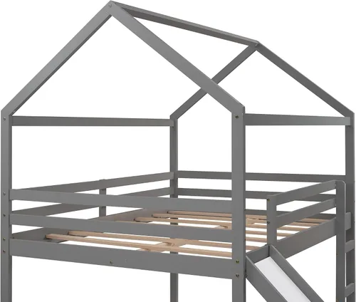 Vista 9 de Harper & Bright Designs Cama alta de tamaño matrimonial con tobogán, cama alta de madera, marco de cama tipo loft con techo y barandilla, cama alta