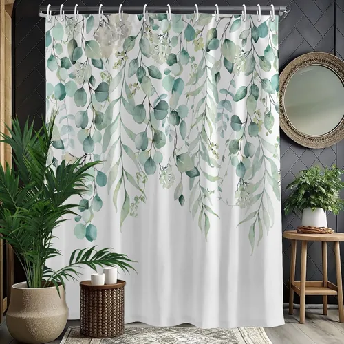 Vista 17 de KAIRA Cortina de ducha de eucalipto negro con diseño clásico y moderno, hojas de plantas de acuarela con diseño floral, decoración de baño, 72 x 72