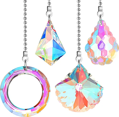 Vista 7 de Honoson - Cadena de tracción para ventilador de techo de cristal, diseño de gota de corazón Rainbow Prism Extension with Ball Connector, 22 Inch