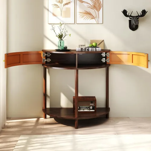 Vista 7 de Knocbel Mesa consola Half Moon con puerta con patrón de ondas, mesa auxiliar de sofá semicírculo con 2 cajones de almacenamiento y estante inferior