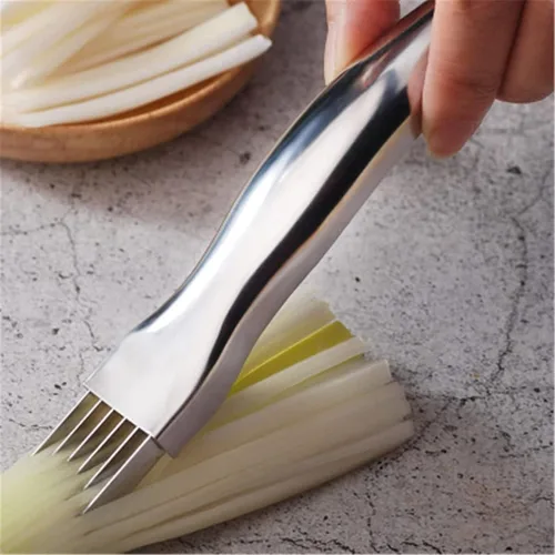 Vista 4 de Cortador de cebolla picada de acero inoxidable, multifuncional para alimentos, cuchillo de cebolla, herramienta de cocina, rebanada de cubiertos