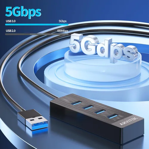 Vista 3 de Hub USB 3.0 de 4 puertos para escritorio, concentrador USB de 5 Gbps, adaptador multipuerto USB, divisor USB con cable de 5 pies de largo