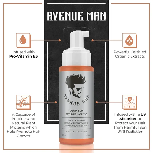Vista 2 de Avenue Man Volume Lift Mousse – Espuma para el cabello de 5.07 onzas con aceite de argán, proteína de seda y vitamina E para mayor fuerza, grosor