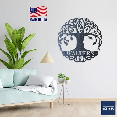 Vista 6 de Riverside Designs Cartel de decoración de pared con monograma de árbol de la vida, personalizado, para pared, resistente y resistente al agua