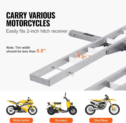 Vista 6 de VEVOR Portabicicletas, 2 bicicletas de 600 libras, soporte de enganche de motocicleta de aluminio, rampa de carga, transportador de remolque de moto