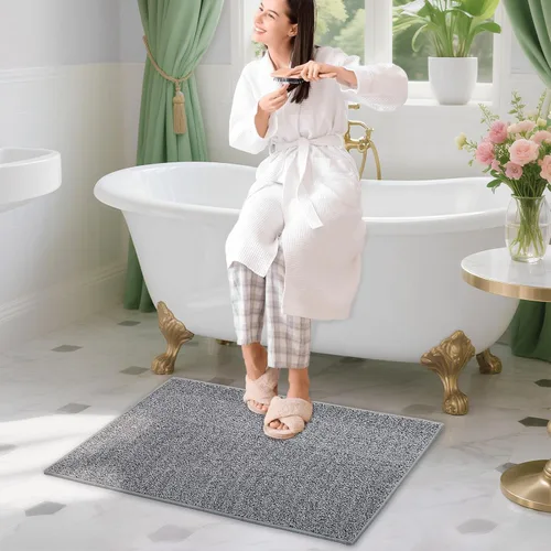 Vista 3 de HDFK Alfombra de baño antideslizante de 24 x 16 pulgadas, 2 tonos, felpilla suave, con respaldo de TPR Absorbencia sólida negro blanco Alfombra