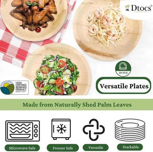 Vista 7 de Dtocs Platos de hoja de palma redondos de 7 pulgadas (50) Platos de bambú desechables de aspecto compostable para cóctel, aperitivo, postre, mini