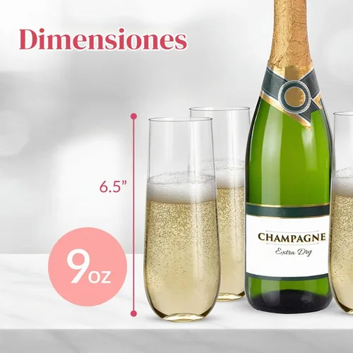 Vista 3 de Prestee Paquete de 24 copas de champán de plástico sin tallo, vasos desechables transparentes de 9 onzas para vino, cócteles, mimosas, copas
