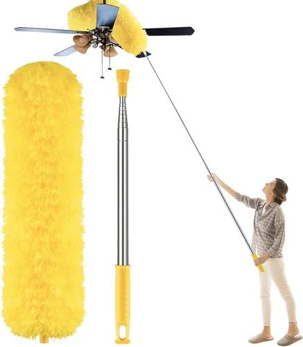 Vista 8 de Plumeros para limpieza, plumero Newliton con poste de extensión, plumero de microfibra para ventilador de techo y telarañas, plumero largo