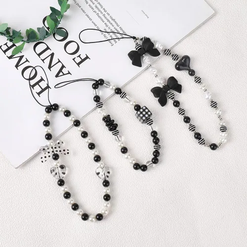 Vista 3 de 3 piezas de 3 estilos de perlas acrílicas con cuentas para teléfono, correa de lazo negro para teléfono móvil, correa de muñeca de corazón