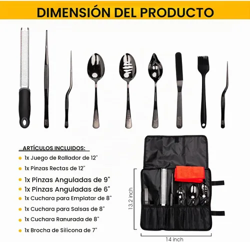 Vista 2 de Juego de 7 piezas de herramientas de chapado en negro (utensilios de chef profesionales) Kit de chef con 3 cucharas de chapado, 3 pinzas