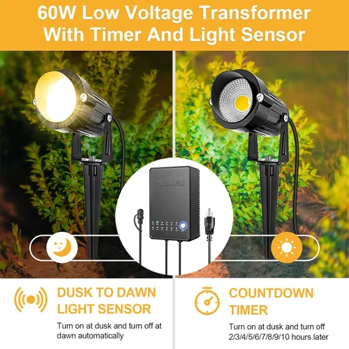 Vista 2 de ZUCKEO Kit de iluminación de paisaje todo en uno, luces LED de bajo voltaje de 5 W con transformador y cable de 80 pies, foco impermeable