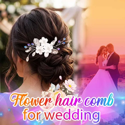 Vista 4 de Catery Peine para el cabello de boda con diseño de flores para novia, color plateado, pequeño peine lateral azul, accesorios de joyería para mujeres