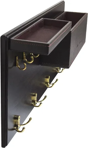 Vista 5 de MK362 - Gancho para entrada de casa, hecho de madera con 2 bandejas de cuero