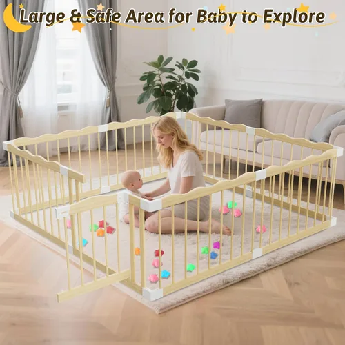 Vista 6 de Corralito de madera para bebés y bebés, corralito de madera ondulada de 65 x 65 pulgadas, corralito para puerta de bebé con 30 bolas oceánicas