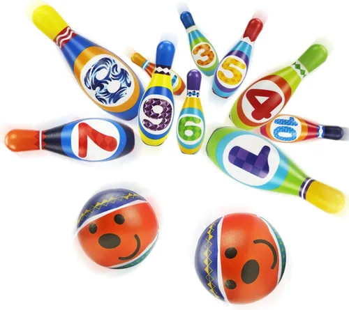 Vista 6 de iPlay, iLearn Juego de juguetes de bolos para niños, juego de actividades para interiores y exteriores, juego de 10 pines de espuma suave y dos