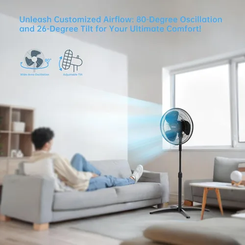 Vista 5 de Emerson FAO1605 Ventilador de pedestal oscilante portátil de 85.5 grados, 3 ajustes de velocidad con inclinación ajustable y altura ajustable