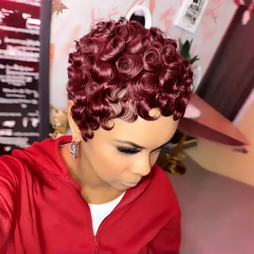 Vista 13 de YJOQOKOA Peluca corta de cabello humano estilo Bob para mujeres negras, pelucas de cabello humano con corte Pixie, sin pegamento, sin encaje