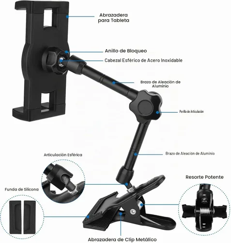 Vista 3 de Mippko Soporte para tablet para escritorio/mesa/caballete/tablero/estante, brazo de aleación de aluminio ajustable de 360°, soporte para iPad