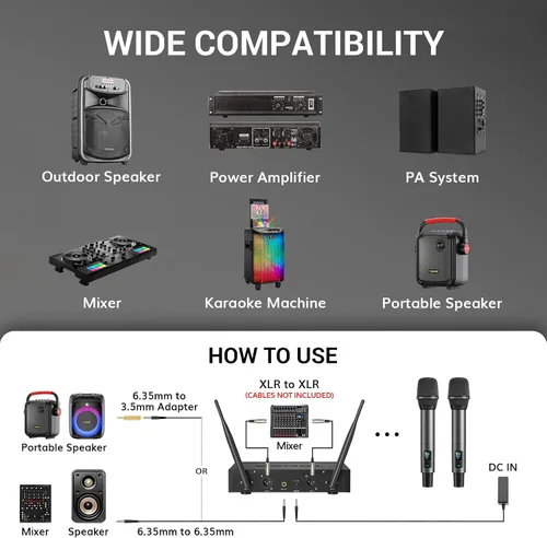 Vista 8 de TONOR Sistema de Micrófono Inalámbrico, Escaneo Automático y Emparejamiento UHF Micrófono de Karaoke Recargable, 2x100 Micrófono Inalámbrico
