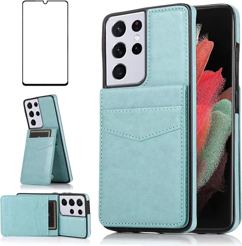 Vista 11 de Funda de teléfono para Samsung Galaxy S21 Ultra Glaxay S21ultra 5G con protector de pantalla de vidrio templado y tarjetero para tarjetas de Negro