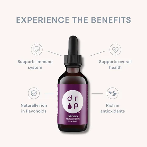 Vista 3 de Drop Saúco Gotas líquidas con vitamina C, 100 mg de saúco negro orgánico, apoyo inmunológico diario para niños y adultos, sabor natural a uva, sin