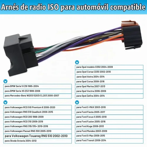 Vista 2 de Arnés de cables de radio estéreo ISO apto para VW BMW