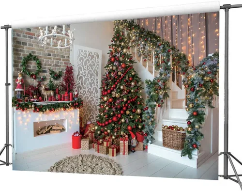 Vista 2 de CYLYH Telones de fondo de Navidad de 10 x 8 pies para chimenea de Navidad, árbol de Navidad, regalo de fiesta, decoración del hogar, fondos de fotos