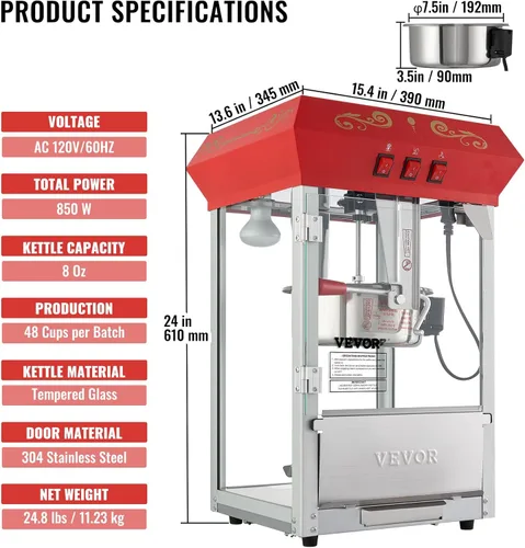 Vista 7 de VEVOR - Máquina comercial para hacer palomitas, hervidor de 8 oz, máquina de palomitas de 850 W para 48 tazas por tanda, máquina de palomitas