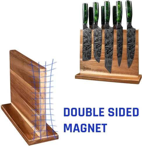 Vista 6 de SENKEN - Bloque magnético de madera de acacia natural, imanes de neodimio ultra fuertes de doble cara, soporte para cuchillos para 16 cuchillos