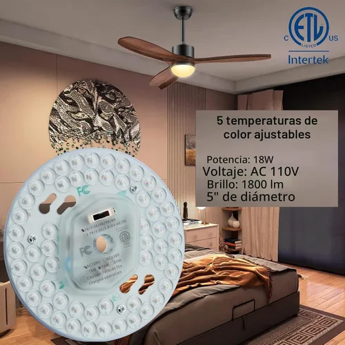 Vista 2 de Ventilador de techo LED regulable de 18 W, luz de montaje empotrado, kit de reacondicionamiento del motor, bombilla fluorescente circular de panel