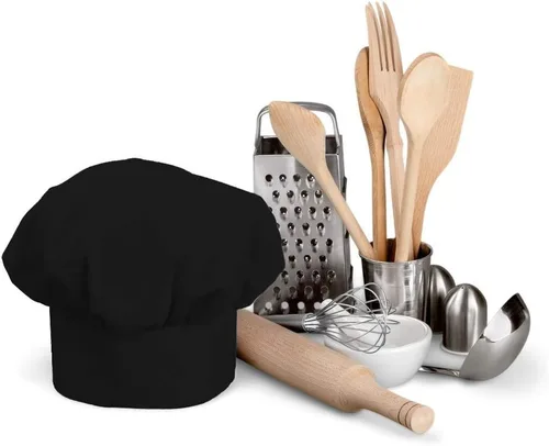 Vista 5 de Juego de sombrero y delantal de chef negro, delantal con babero en tamaño grande y sombrero de chef, babero para cocinar a la parrilla, delantal