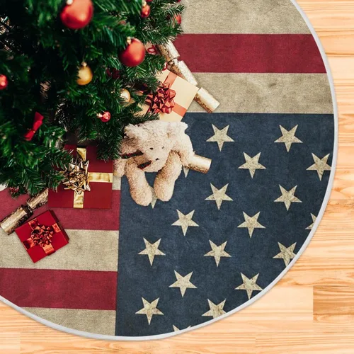 Vista 5 de Qilmy Falda de árbol de Navidad con bandera estadounidense, falda de árbol de doble capa para artesanía de Navidad para fiestas de vacaciones