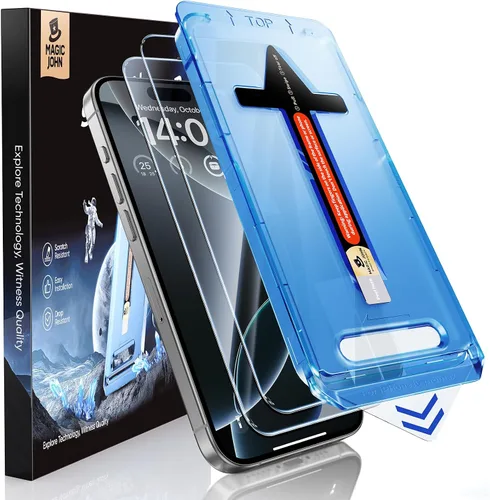 Vista 9 de MAGIC JOHN Paquete de 2 protectores de pantalla de vidrio templado para iPhone 16 de 6.1 pulgadas (no Pro), eliminación automática de polvo, sin
