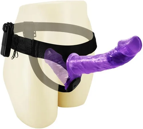 Vista 2 de Honeypleasures - Correa vibradora en consolador doble para mujer lesbiana femenina en juguete sexual femenino y doble penetración púrpura