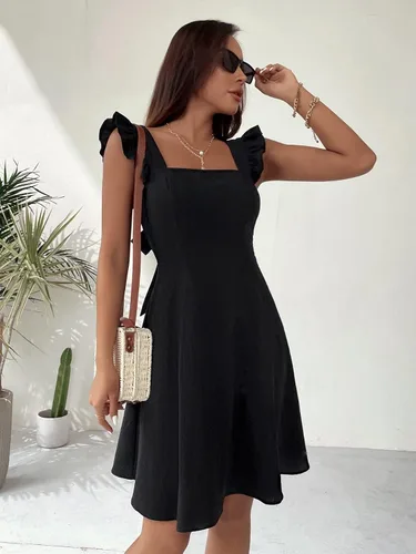 Vista 5 de MakeMeChic Vestido corto de verano sin mangas con volantes y lazo en la espalda abierta para mujer