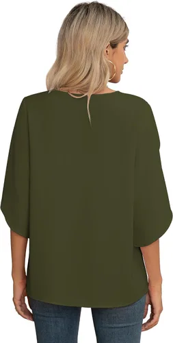 Vista 6 de Blusas de gasa con mangas 3/4 arrugadas de otoño para mujer de Jouica 01amy Verde