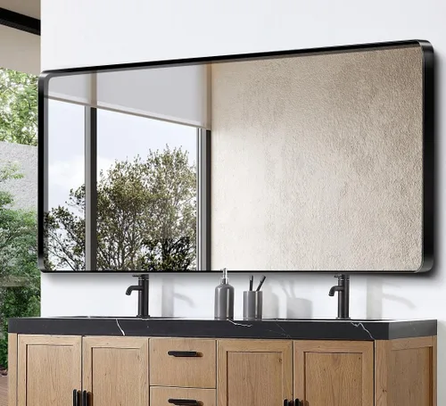 Vista 17 de Espejo de baño de 48 x 36 pulgadas con marco negro mate, espejo antioxidante montado en la pared