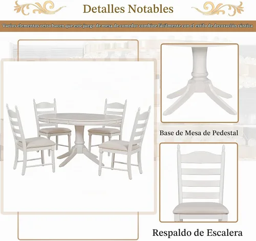Vista 8 de Juego de mesa de comedor redonda extensible retro de 5 piezas, mesa de comedor ajustable de madera maciza de 42 a 58 pulgadas con 4 sillas de Blanco