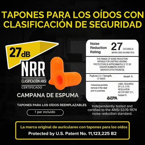 Vista 8 de Plugfones Basic Pro - Auriculares Bluetooth con Tapones de Espuma para los Oídos - Protección Auditiva NRR de 27 dB - Auriculares Inalámbricos