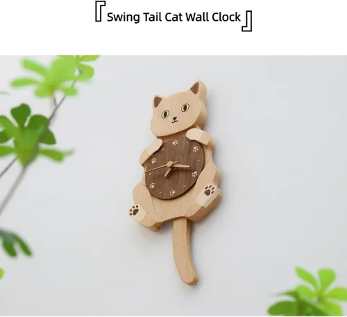 Vista 5 de Reloj de pared de gato con cola oscilante, reloj de pared de madera maciza, funciona con pilas silenciosas, 5 tipos de empalme de madera, para aula
