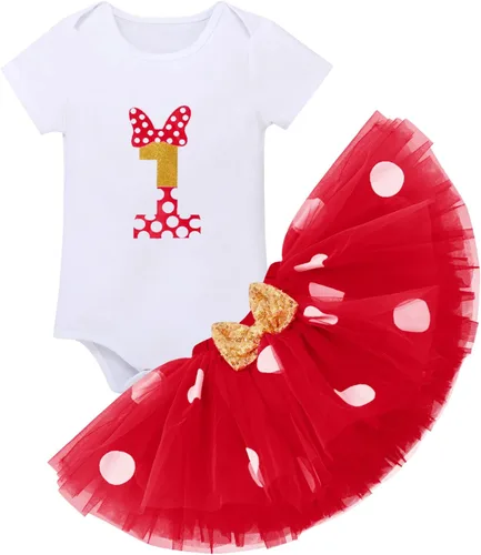 Vista 4 de IBTOM CASTLE Vestido de 1er cumpleaños para niñas con diseño de pastel y falda tutú de lunares, sandalias descalzas para fotografía