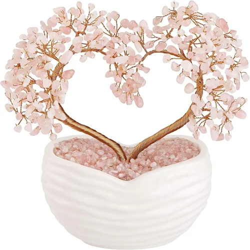 Vista 2 de Jovivi Juego de 2 piezas de adorno de bonsái de árbol de dinero de cristal de cuarzo rosa y árbol de dinero, pulsera elástica de árbol de la vida