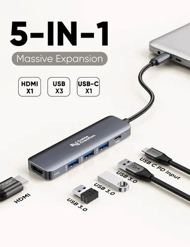 Vista 2 de Hub USB C, adaptador multipuerto USB C 5 en 1 a HDMI, 100 W PD, 3 puertos USB 3.0 para MacBook Pro, MacBook Air M1/M2, iPad Pro, Surface Pro, XPS