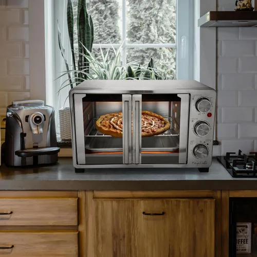 Vista 8 de MegaChef Horno Tostador Eléctrico Multifunción de Acero Inoxidable con Puerta Francesa de 26.4 Cuartos con Control de Temperatura y Temporizador